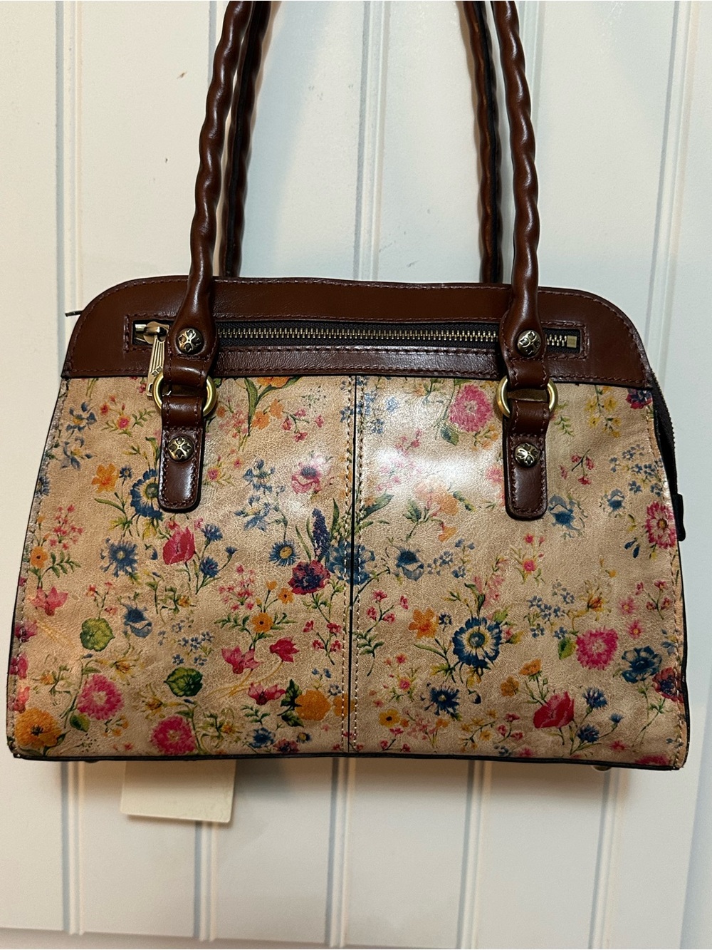 Patricia Nash Prairie Rose Collection Leather Calvi Satchel with Brown Trim